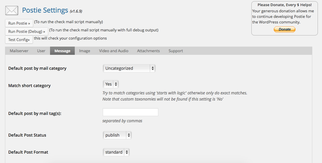 Postie WordPress plugin settings screen