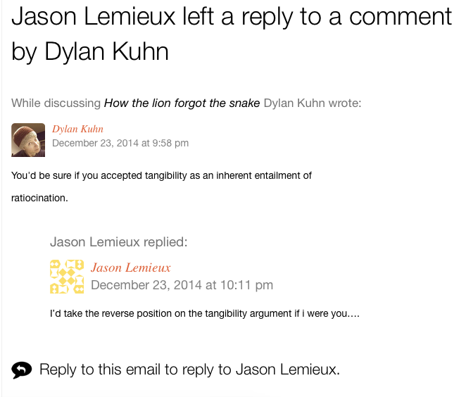 Screenshot of threaded comment notifications in Postmatic