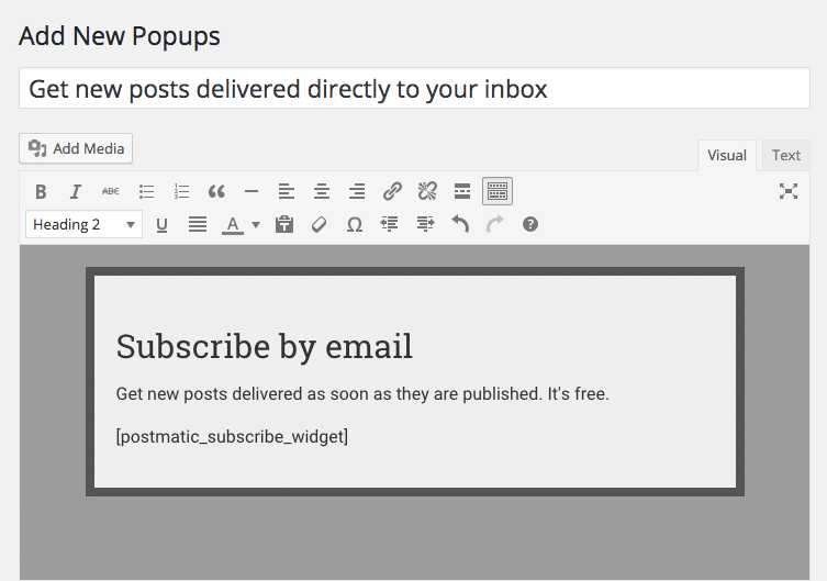 Screenshot of Popups plugin content editor