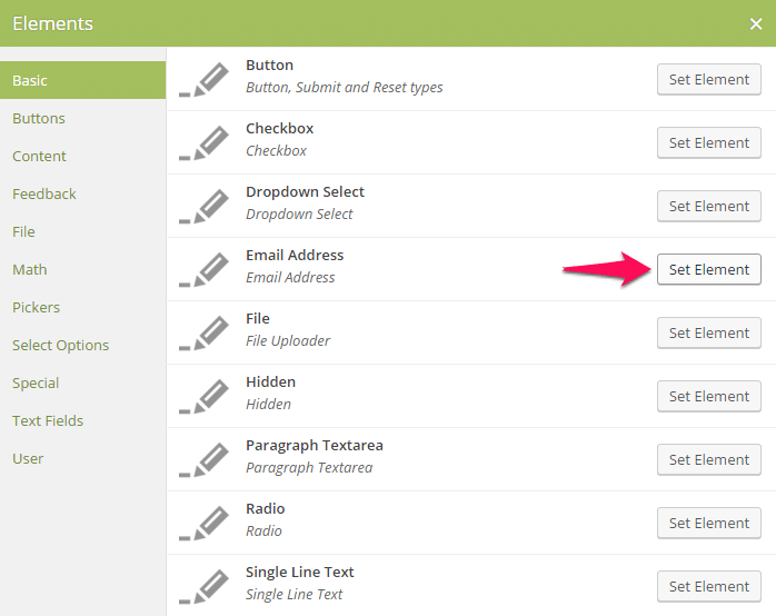 Elements list in Caldera Forms