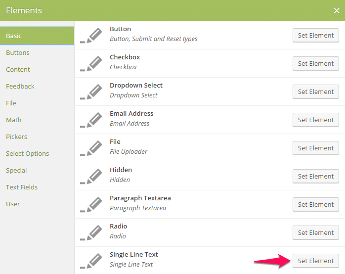 Elements list in Caldera Forms