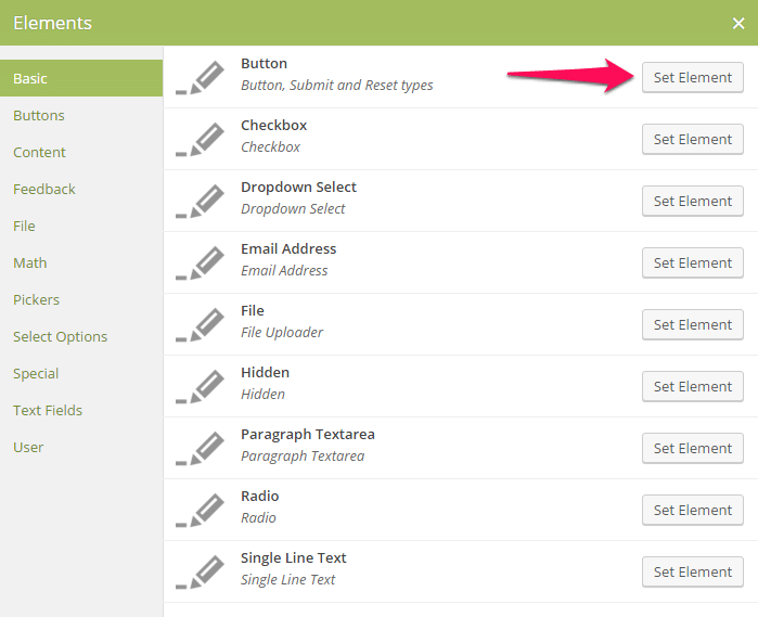 Elements list in Caldera Forms