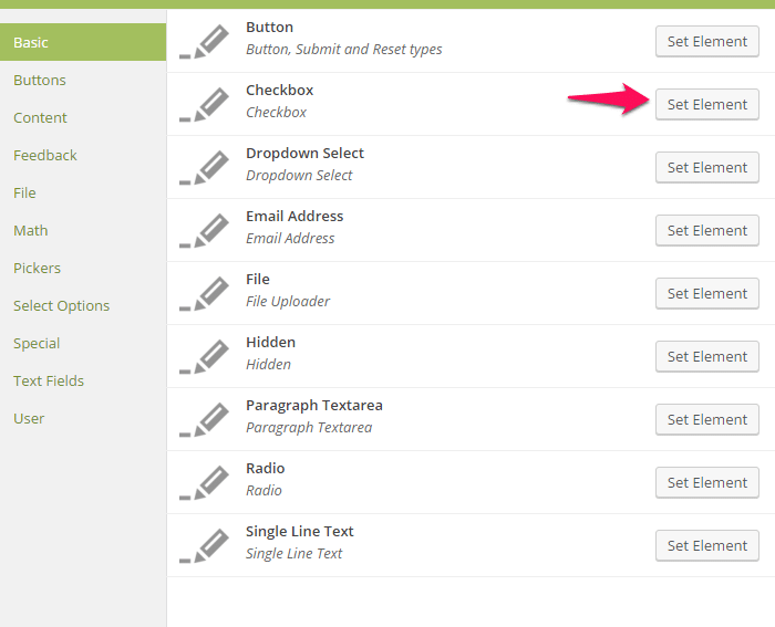 Elements list in Caldera Forms