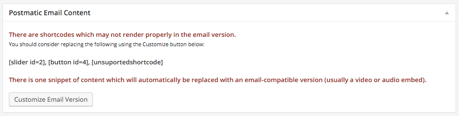 The Postmatic Email Content box lists what page elements may not render well in email and lets you take action on each.