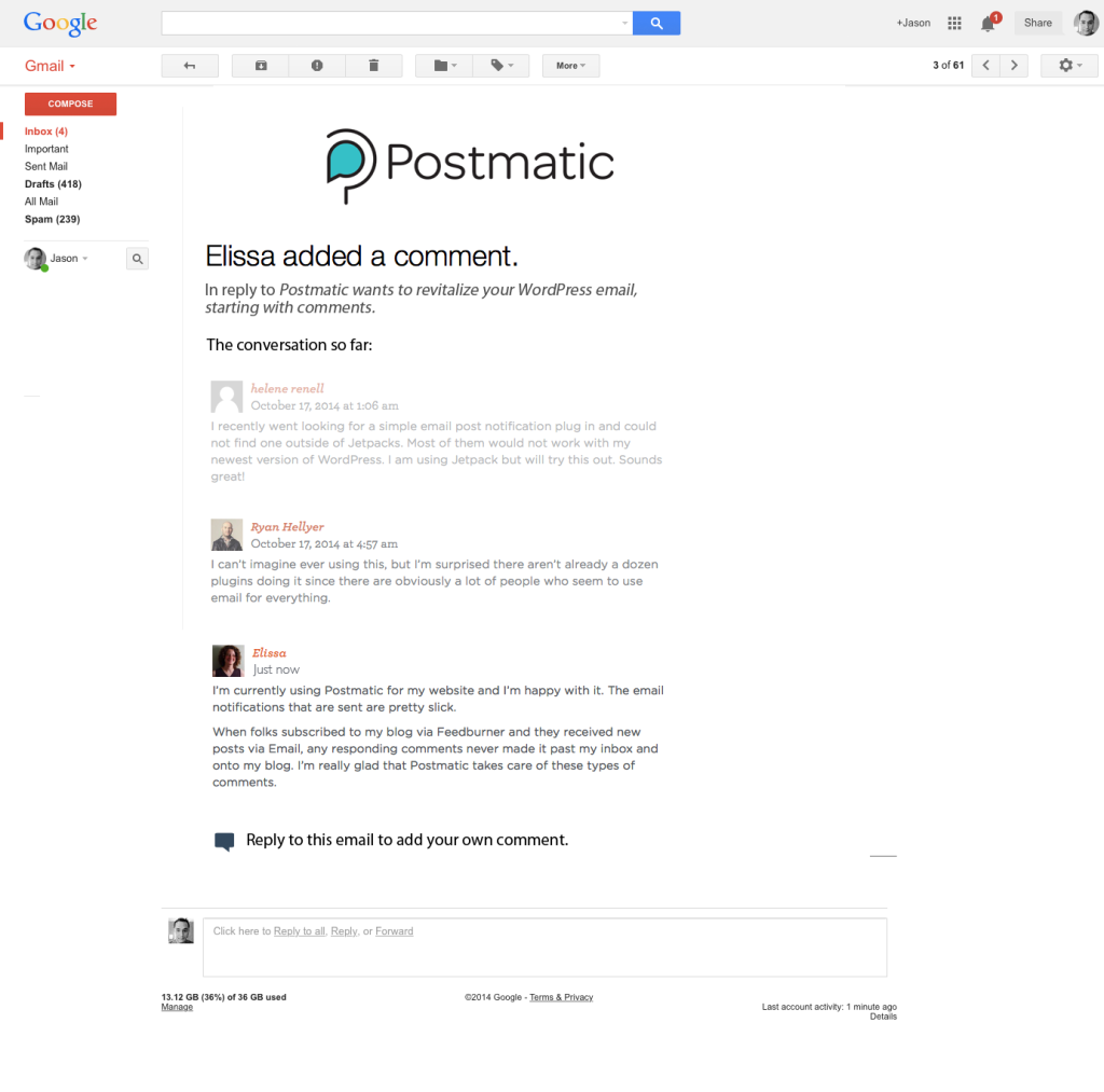 screenshot of Postmatic comment formatting