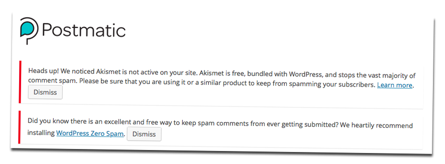 Screenshot of Postmatic comment spam warning