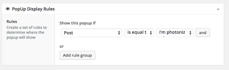 Screenshot of Popups plugin display rules configuration