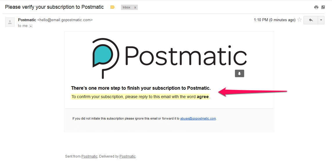 Screenshot of Postmatic subscription opt-in email