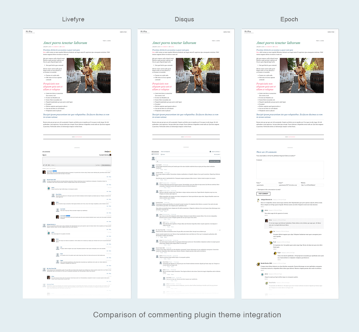 Visual comparison of Livefyre, Disqus, and Epoch commenting plugins